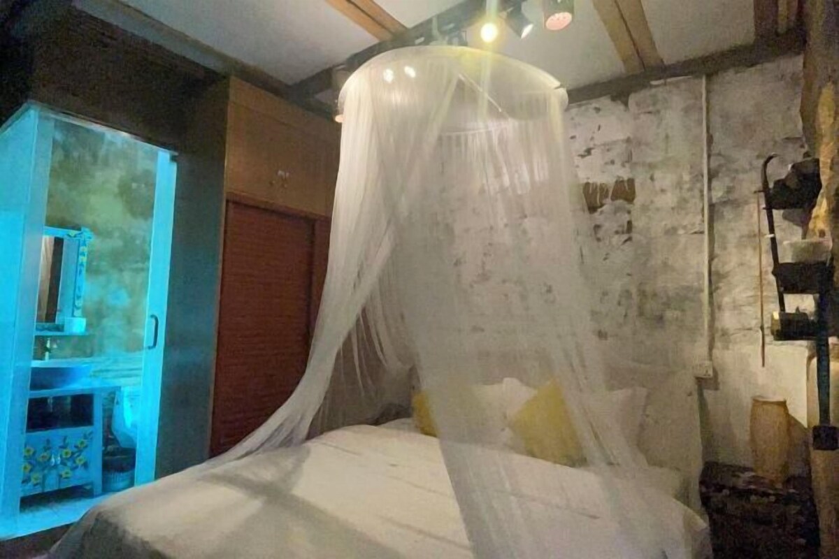 Una habitación con una cama bajo un dosel, una puerta de madera y un estante en la pared con objetos.