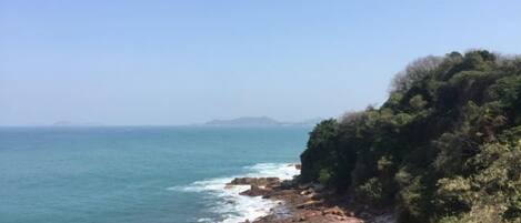 A coastal landscape with rocky terrain and dense vegetation.