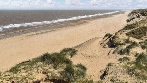 Una playa con arena y dunas cubiertas de hierba.