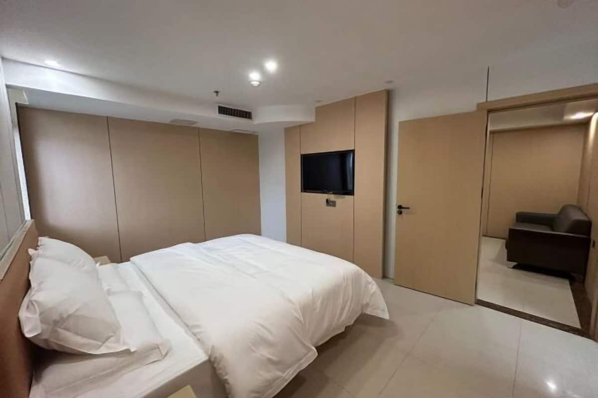 A modern bedroom with a bed, a TV, and a wardrobe.
