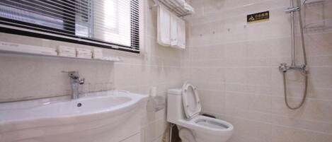 Une salle de bain avec un lavabo, des toilettes et une douche.