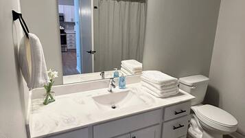 Shower, hair dryer, towels, soap