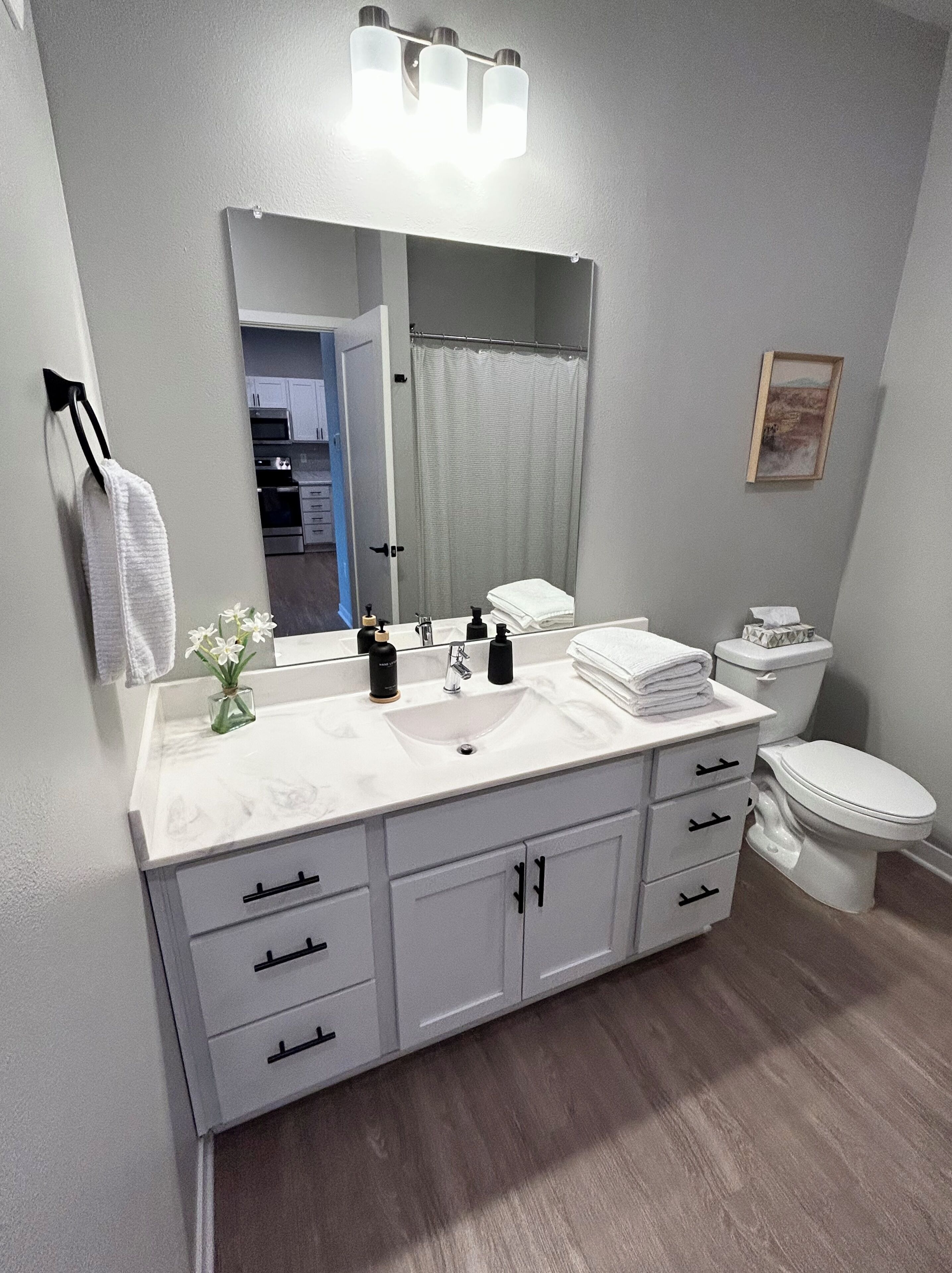 A bathroom with a white vanity, a sink, a mirror, a toilet, and a shower curtain.