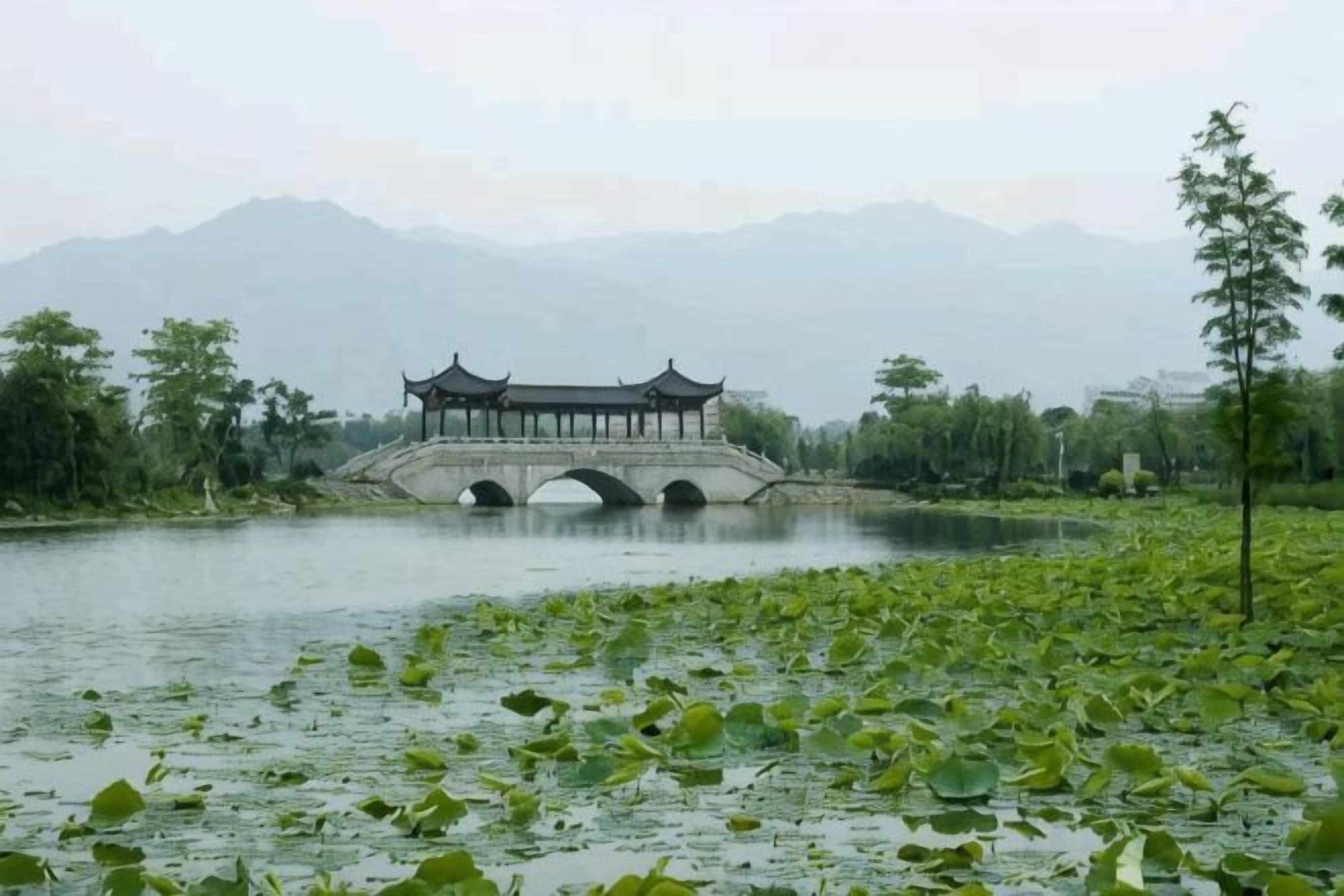 A traditional Chinese pavilion over a river with lotus flowers in the foreground.