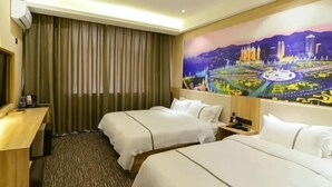 A hotel room with two beds, a desk, a painting of a cityscape, and a large window with curtains. - Riverside Hotel (Dalian)