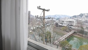 Vista de un paisaje urbano con edificios tradicionales, un puente y un río.