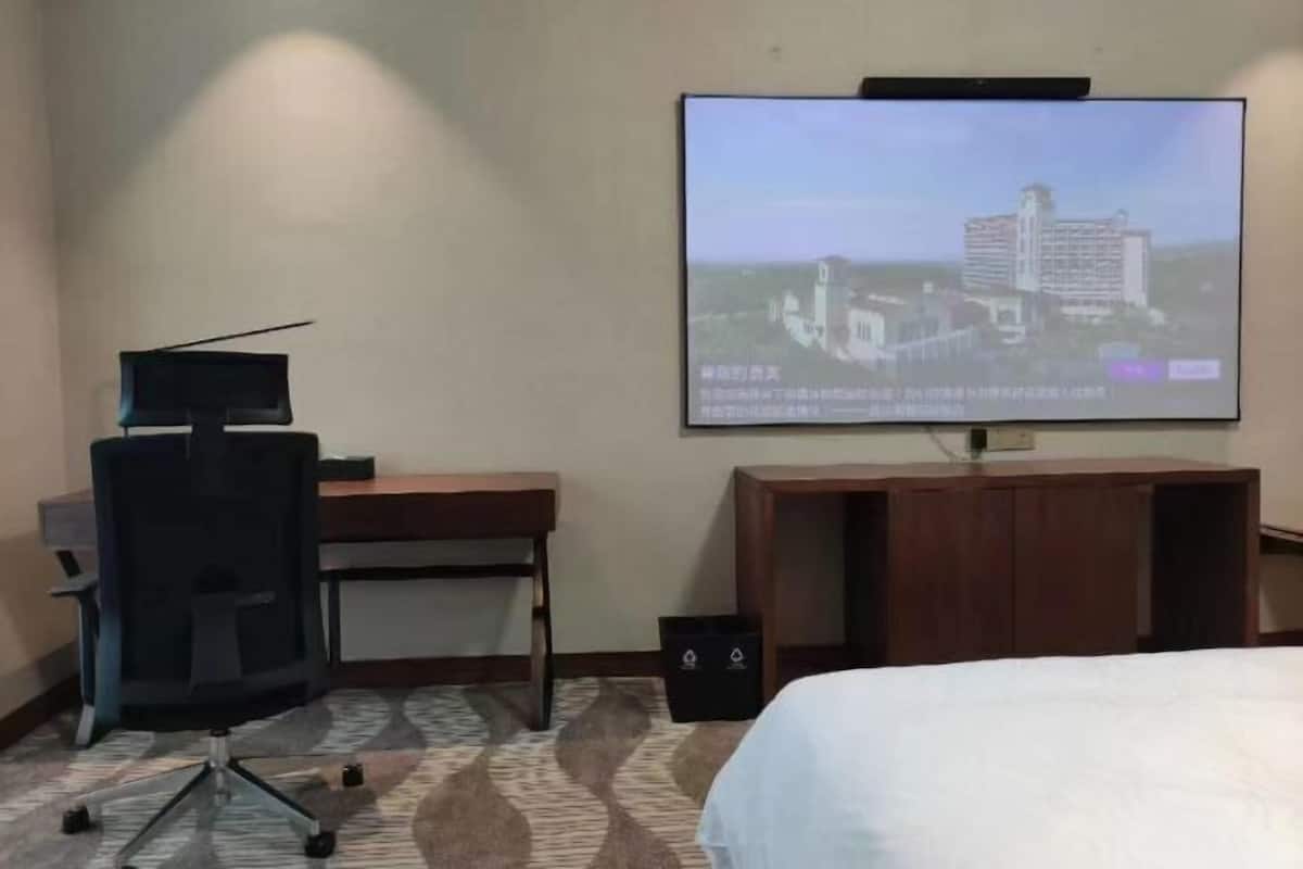 Une chambre d’hôtel avec un lit, un bureau, une chaise, un téléviseur fixé au mur et un sol recouvert de moquette.