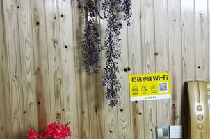 Pared de madera con un cartel que indica disponibilidad de Wi-Fi, un enchufe y una planta decorativa.