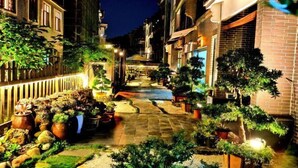 Une ruelle étroite, bordée de plantes en pot, avec un chemin menant à l’entrée d’un immeuble.