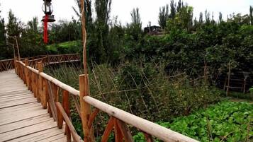 A wooden bridge with railings, surrounded by greenery.