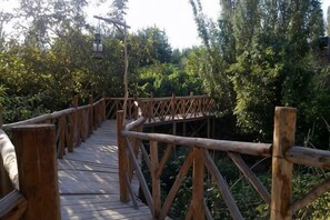 A wooden pedestrian bridge with railings, surrounded by dense greenery. - Anargvl Manor (Turpan)