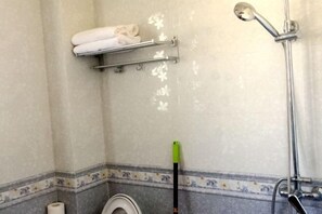 Une salle de bain avec une douche, des toilettes et un porte-serviettes.