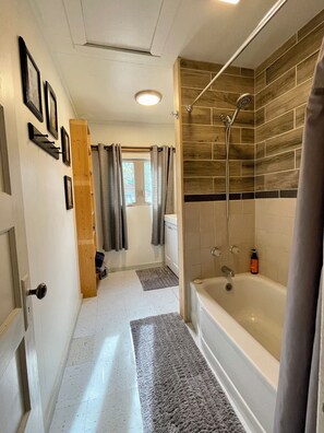 Hair dryer, towels, soap, shampoo