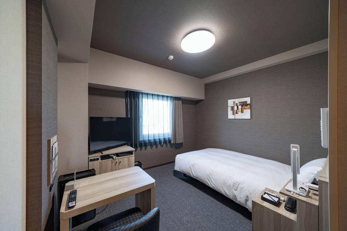 A hotel room with a bed, a desk, a chair, a television, a bedside table with a lamp, and a window with curtains.