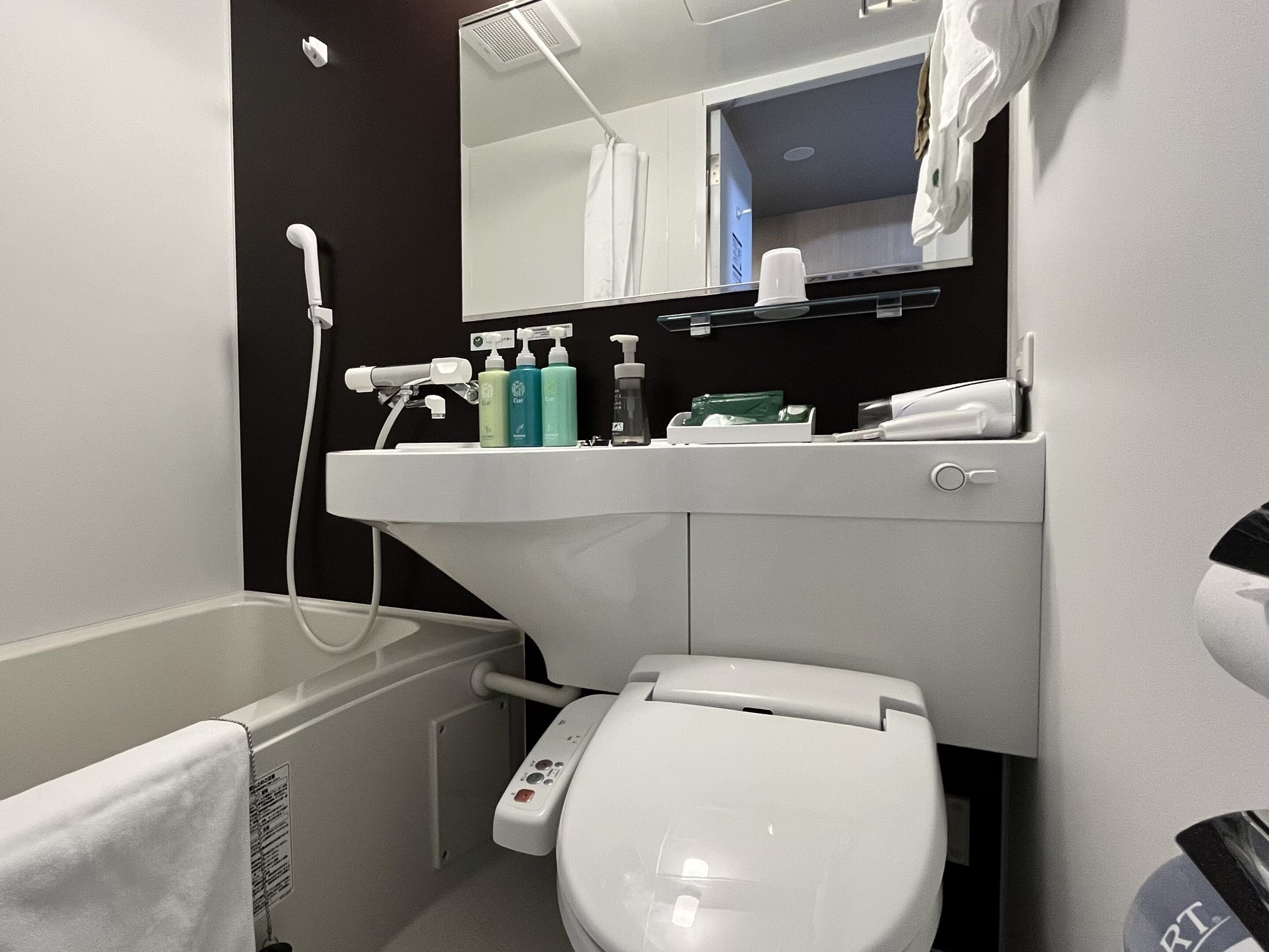 Un baño moderno con inodoro blanco, lavamanos con artículos de aseo y ducha.