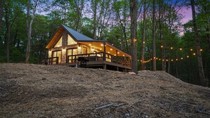 Eine Holzhütte mit Steinfassade, einer Holzdielenveranda und Lichterketten.