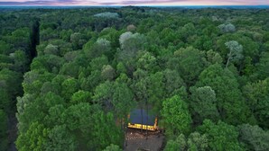 An aerial view of a forested area with a small, isolated building surrounded by dense trees. - Uckor's Cottage | Hocking Hills, 5 Acres, Hot Tub (Rockbridge)