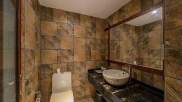 Un baño con inodoro, lavamanos y espejo.