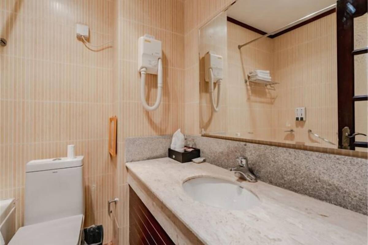 Een badkamer met een marmeren wastafel, toilet en spiegel.