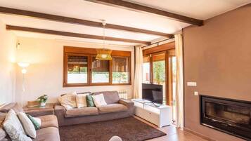 Una televisión, una chimenea