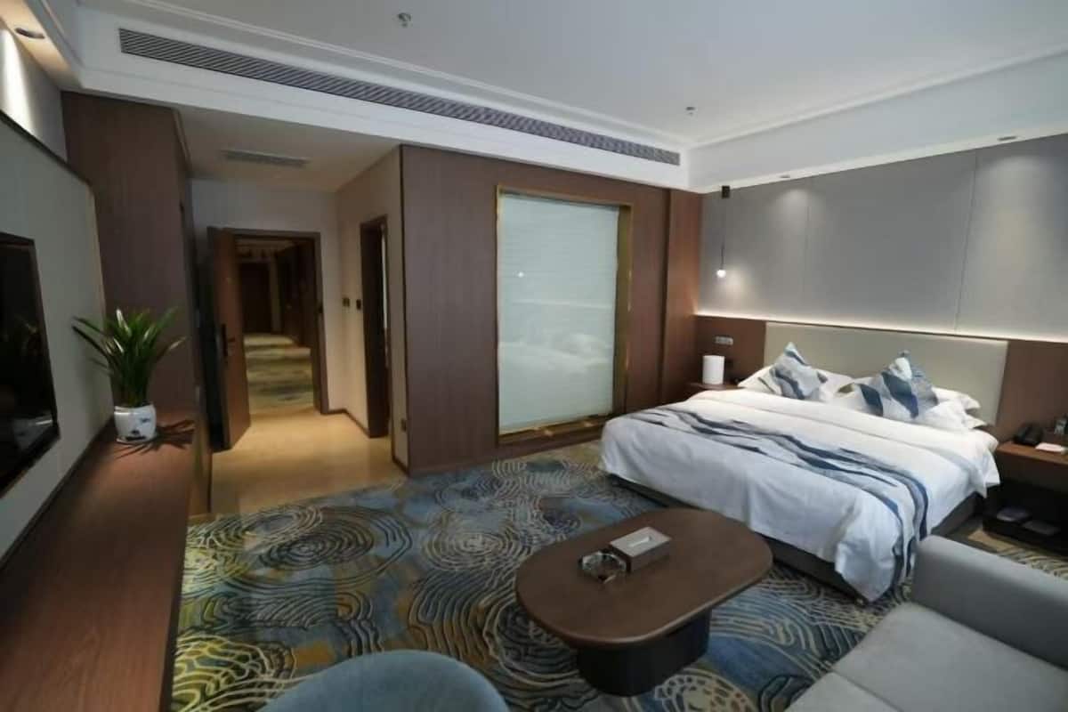 Ein modernes Hotelzimmer mit einem großen Bett, einem Flachbildfernseher, einem Couchtisch und einer Zimmerpflanze.