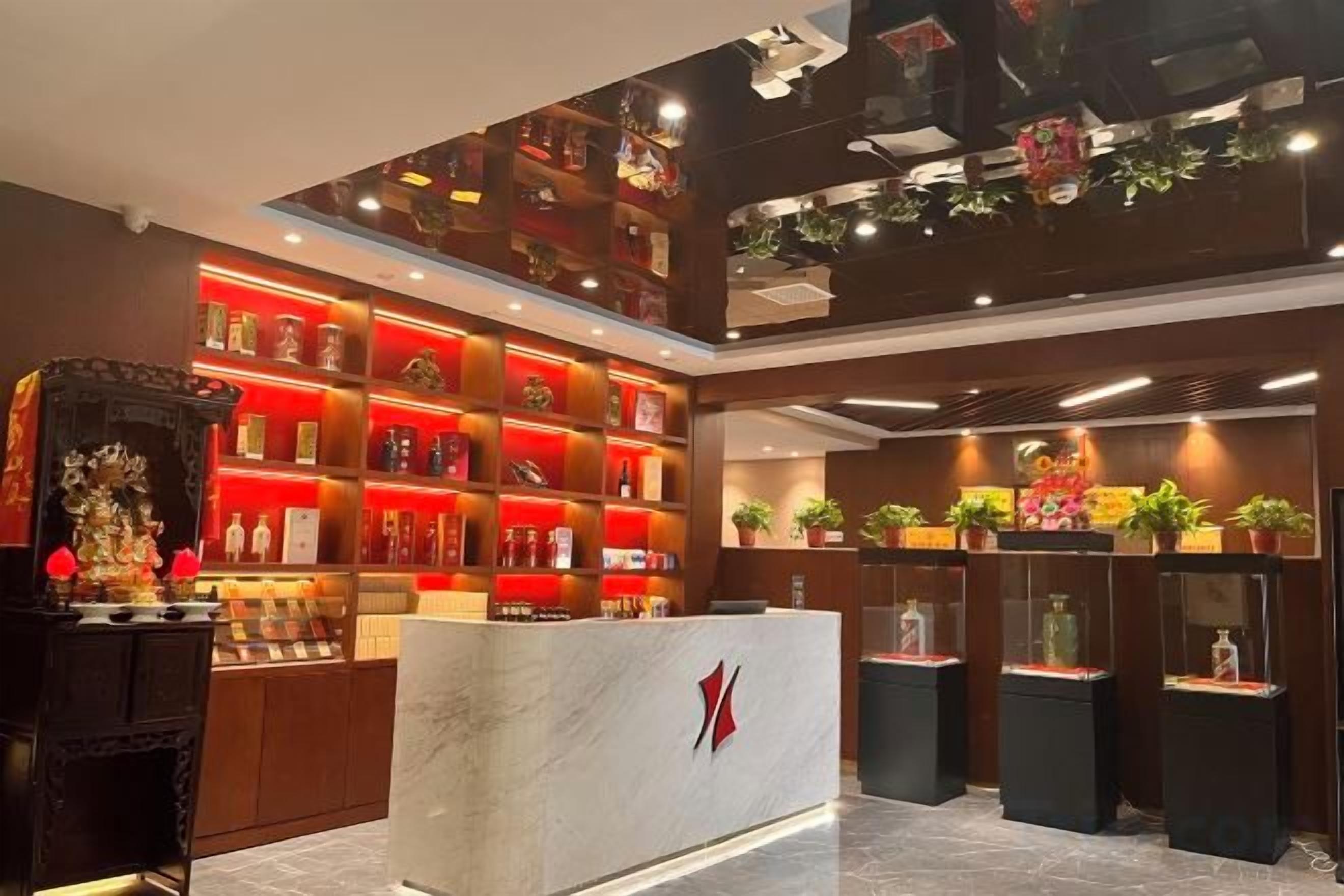 A hotel lobby with a reception desk, shelves with items, and potted plants.
