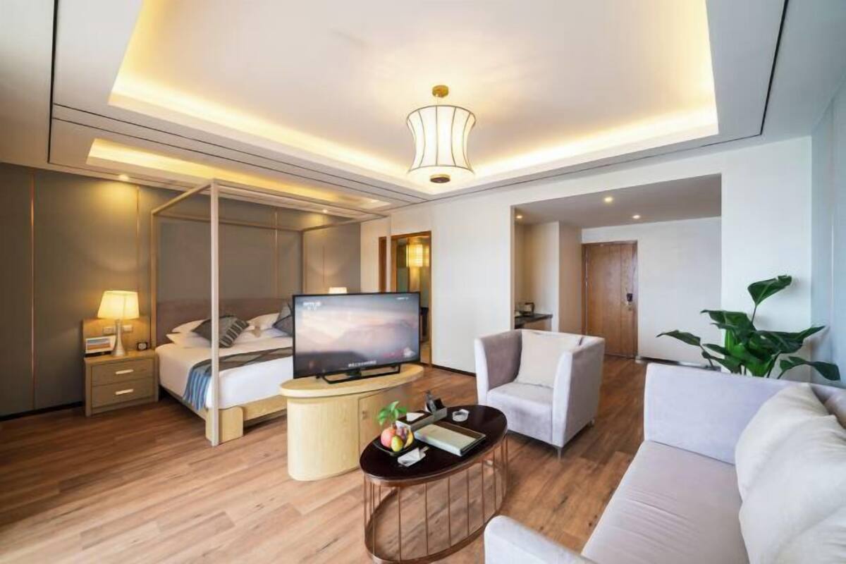 A modern hotel room with a bed, a TV, a sofa, a coffee table, and a large plant.