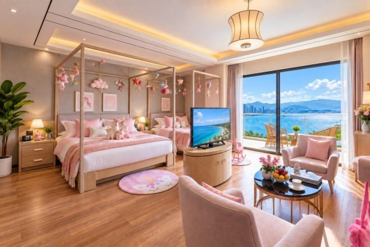 A bedroom with a four-poster bed, a television, a round coffee table, and a view of the sea.