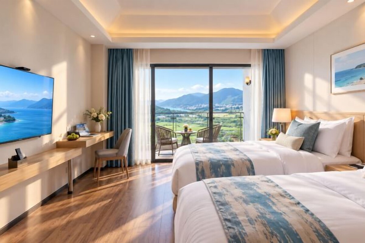 A hotel room with a large bed, a desk with a TV, and a balcony with a view of the landscape.