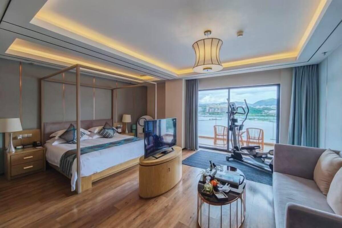 A modern hotel room with a four-poster bed, a television, exercise equipment, and a view of the outdoors.