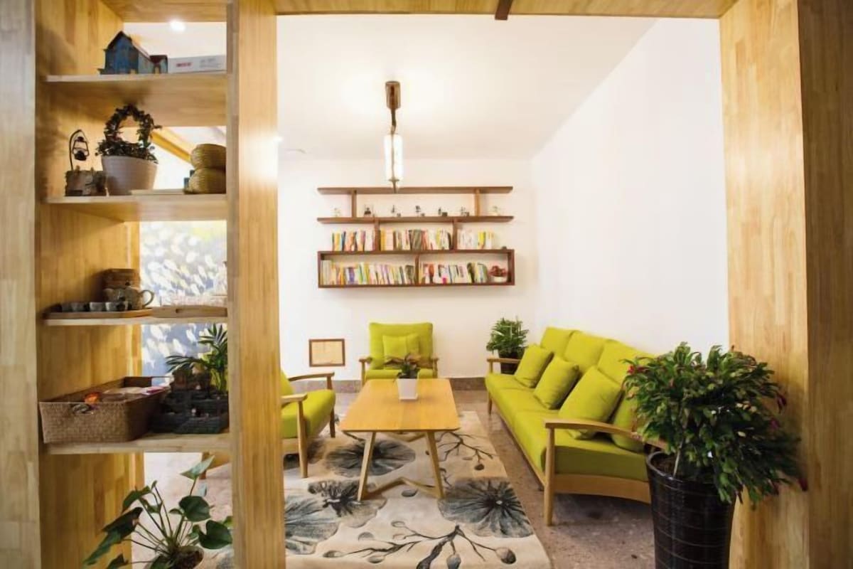 Un salon chaleureux avec un canapé vert, des étagères en bois et un luminaire au plafond.