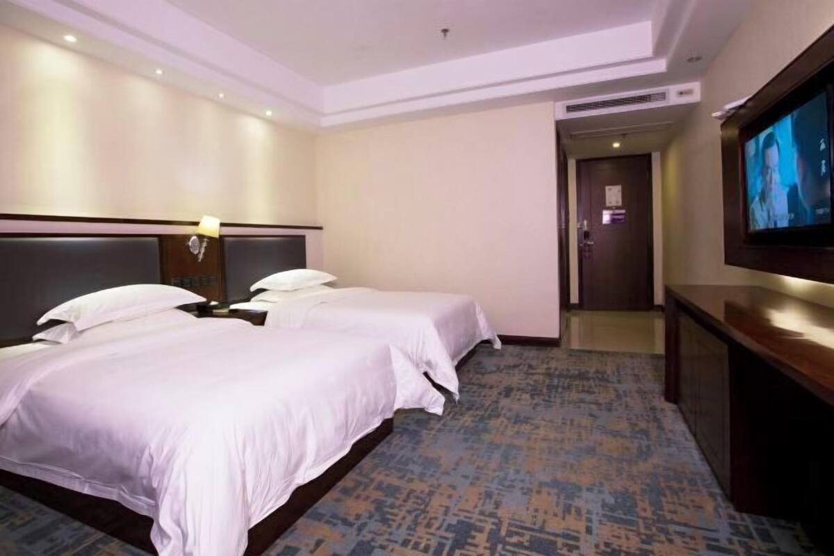 Una habitación de hotel con dos camas, televisión y piso alfombrado.