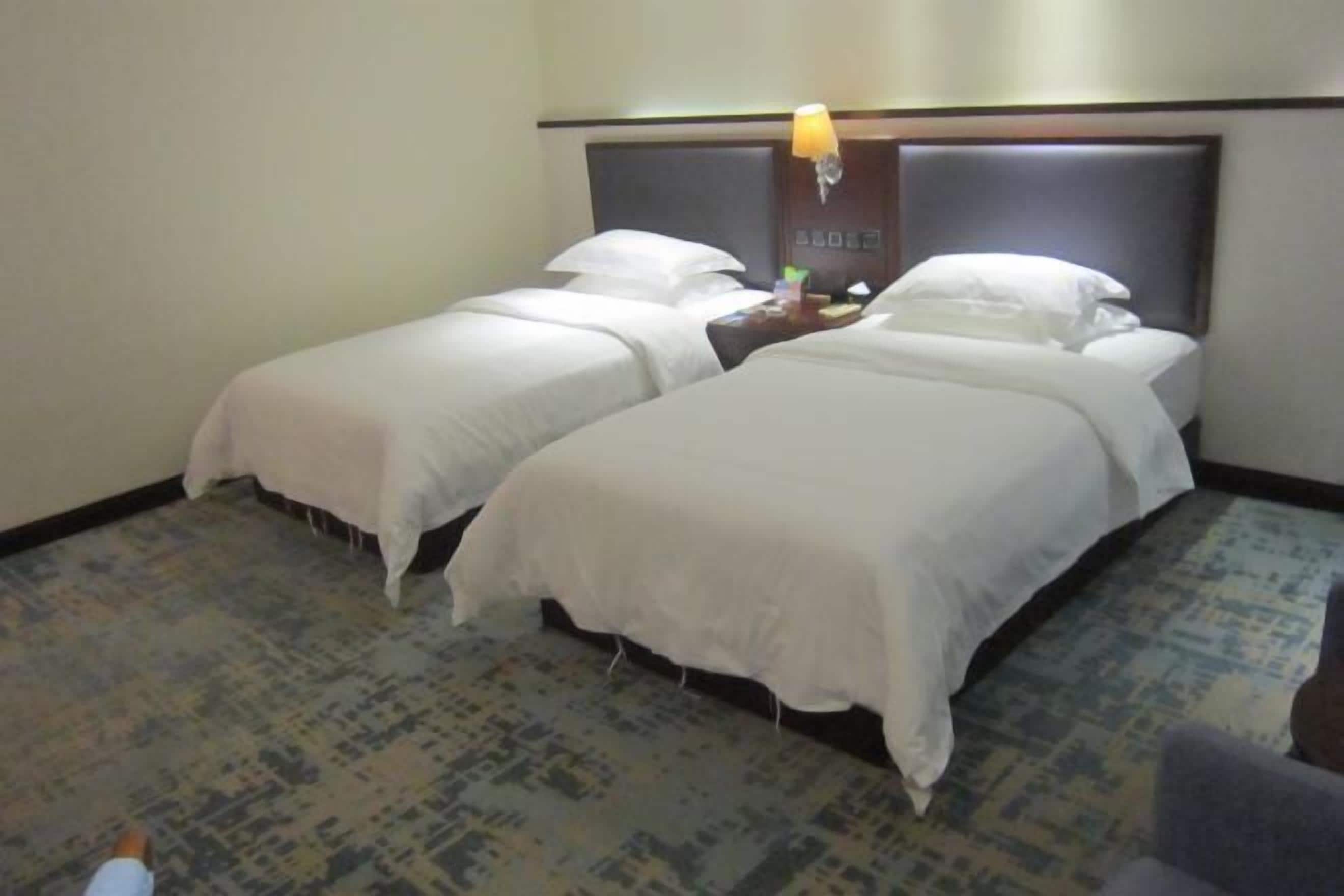 Una habitación de hotel con dos camas individuales, una mesita de noche con l ámpara y una alfombra estampada.
