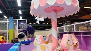 Zona de juegos infantiles con tobogán, piscina de bolas y estructura para escalar.