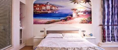 A bedroom with a large bed, a nightstand, a wall-mounted painting, and a window with curtains.