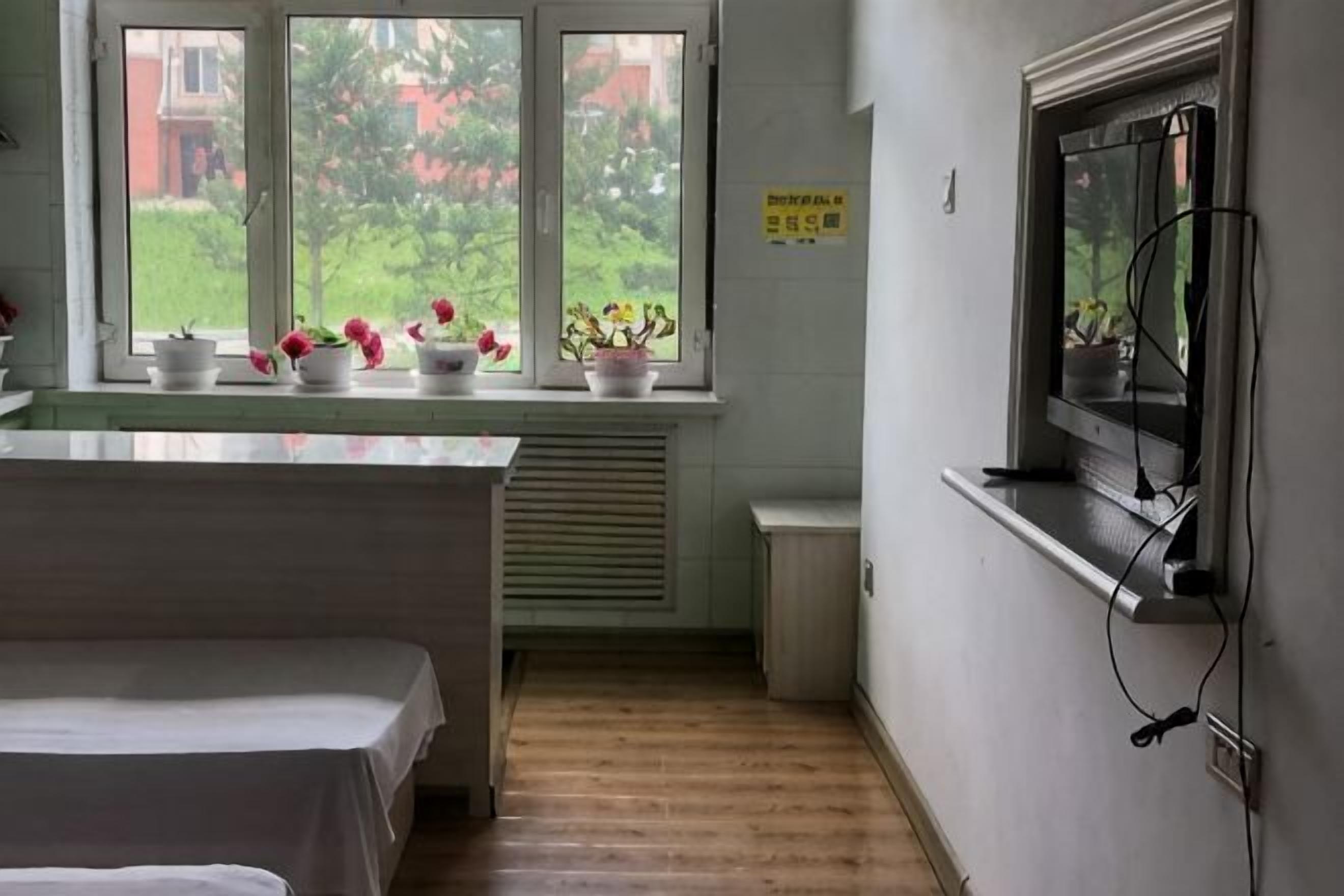 A hotel room with a bed, a window with potted plants, a radiator, and a sign on the wall.
