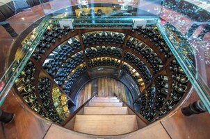 Una escalera de caracol con un cerramiento de vidrio en la parte superior, rodeada de hileras de botellas de vino.