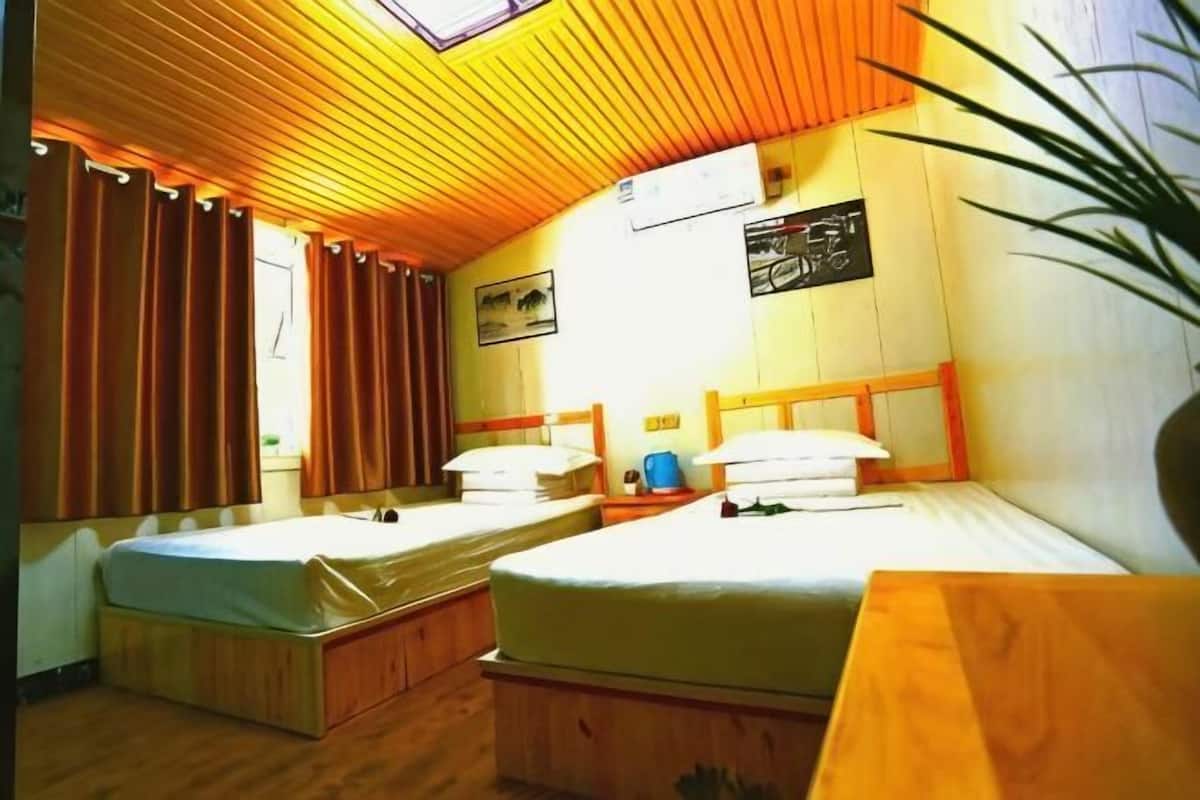Una habitación con dos camas, paredes de madera, un tragaluz y una planta.