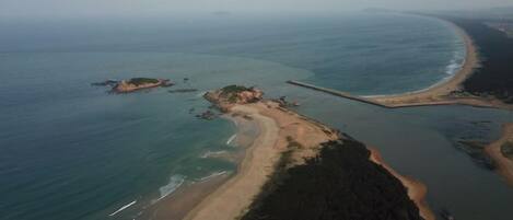 An aerial view of a coastal area with a beach, a pier, and a forested area.