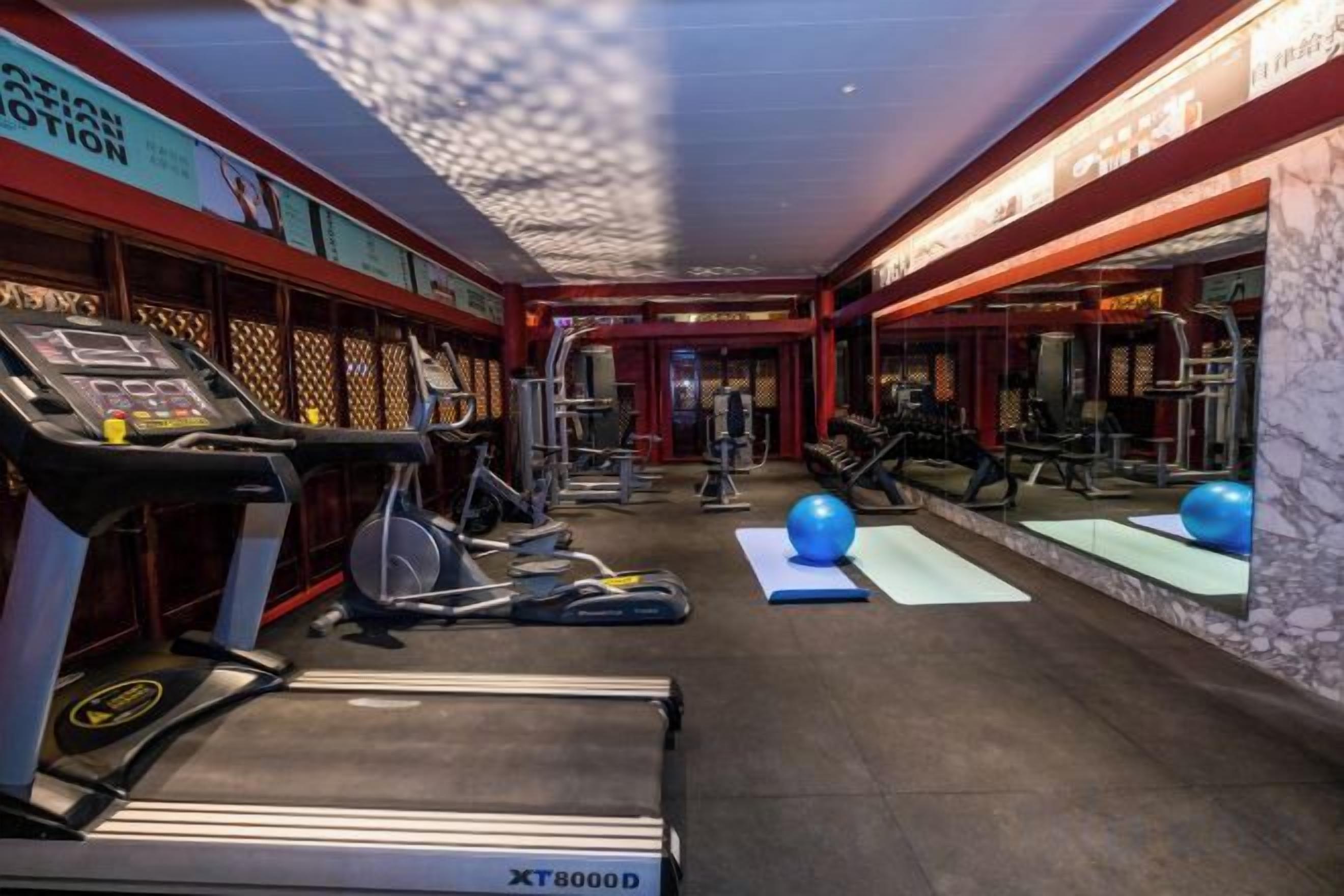 A gym with treadmills, exercise balls, and weight machines.