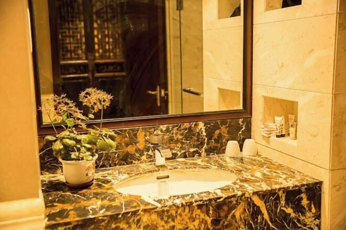 A bathroom with a marble sink, a potted plant, and a mirror reflecting a door and a tiled wall.