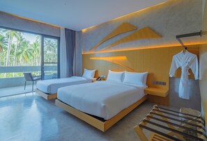 A modern hotel room with two beds, a balcony with a view of palm trees, and a robe hanging on the wall. - The Hotel Elizabeth Resort and Villas (San Vicente)
