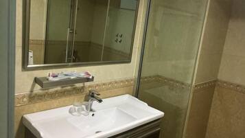 A bathroom with a white sink, a mirror, and a shower enclosure.