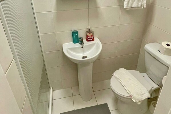 A small bathroom with a white sink, toilet, and a shower area.