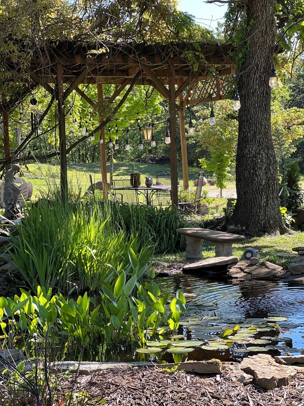 A garden with a wooden pergola, a pond with lily pads, and a stone bench.