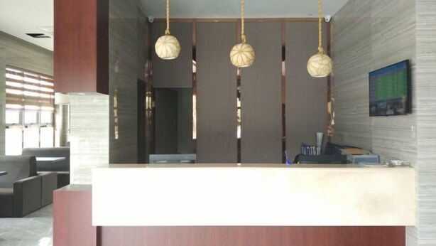 A reception area with a wooden reception desk, hanging spherical light fixtures, and a framed picture on the wall. - The Tophams Hotel Suez (Wenzhou)
