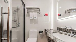 A modern bathroom with a glass shower enclosure, a toilet, a sink with a granite countertop, and a mirror with integrated lighting.