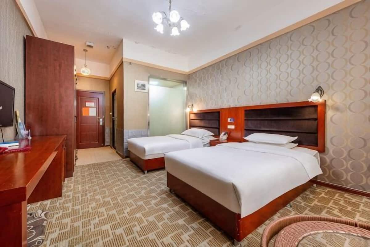 A hotel room with two beds, a desk, a television, and a patterned carpet.