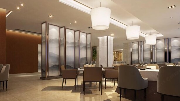A modern dining area with high ceilings, recessed lighting, and contemporary furniture. - Dalian yuanfeng hotel (Dalian)