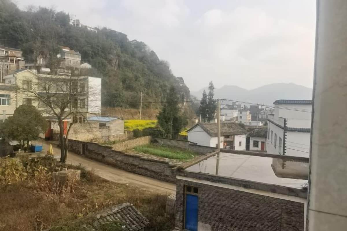 A residential area with houses on a hillside, a road, and a body of water in the background.